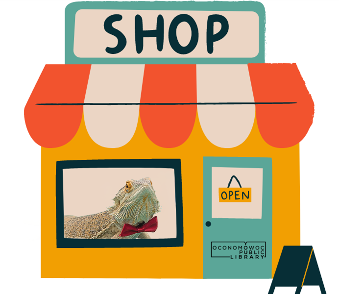 A cartoon storefront with a bearded dragon inside looking out a window.