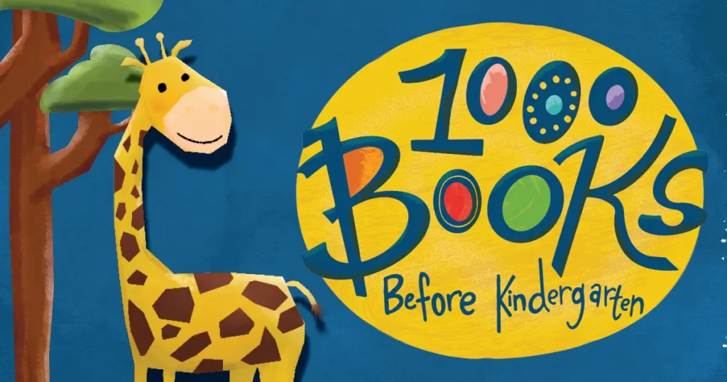 A giraffe standing in front of a tree and the 1,000 Books Before Kindergarten logo.