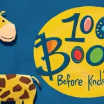 A giraffe standing in front of a tree and the 1,000 Books Before Kindergarten logo.
