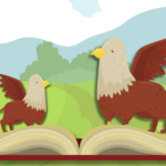 A large griffin and a small griffin reading a book.