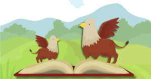 A large griffin and a small griffin reading a book.