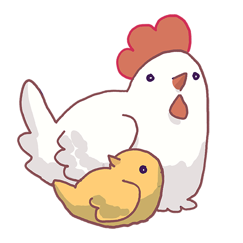A chicken and a baby chick. Art by Wendy Xu.