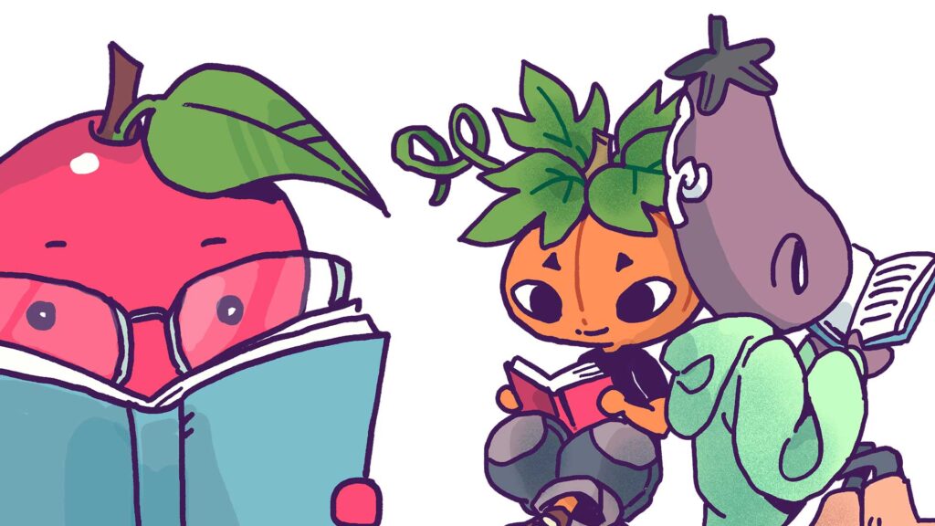 Illustrated poster with bold text featuring anthropomorphized vegetables sitting and reading books as part of the summer library reading challenge.